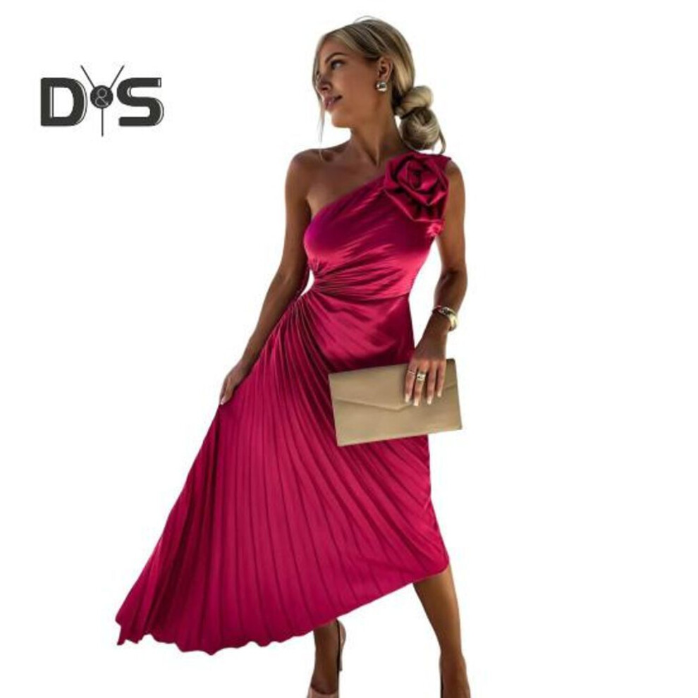(red, L) Women Evening Dress One Shoulder Pleated Flower Decor Hollow Out Backless Sleeveless Irregular Hem Cocktail Party Wedding Midi Dress