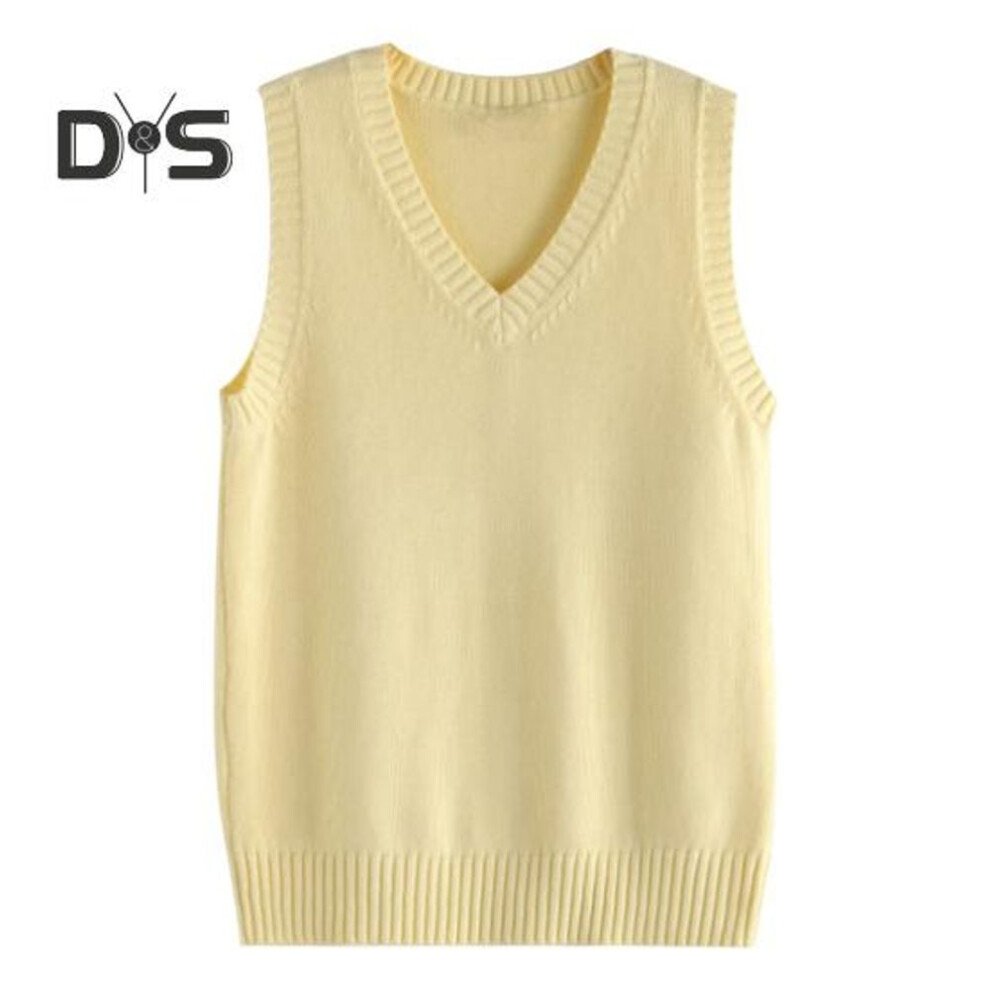 (M, yellow) Women Knitting Vest V-Neck Sleeveless Ribbed Trim Solid Color Vest Tops Autumn Winter Loose Fit Knitwear