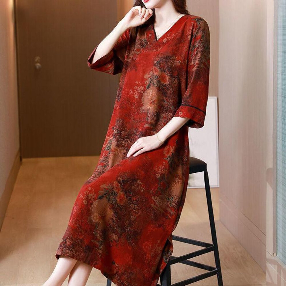 (red, XXL) Gorgeous Floral Silk Dress Plus Size Long High-end Chiffon Knee-length Midi Dress for Summer
