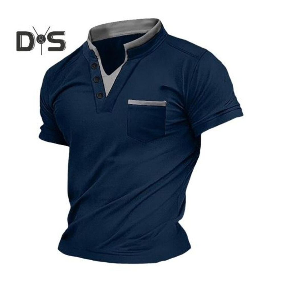 (navy blue, XL) Summer Men Top V Neck Short Sleeves Fake Two Piece Chest Pocket Soft Breathable Thin Retro Pullover Stretchy Mid Length Quick Drying Daily T Shirt