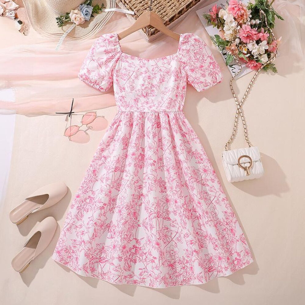 (pink, 150cm/10Y) Girls 7-12y Clothing Summer Dresses Vintage Polka Dot Short Sleeve Princess Dresses Big Kids Princess Dresses Party Dresses