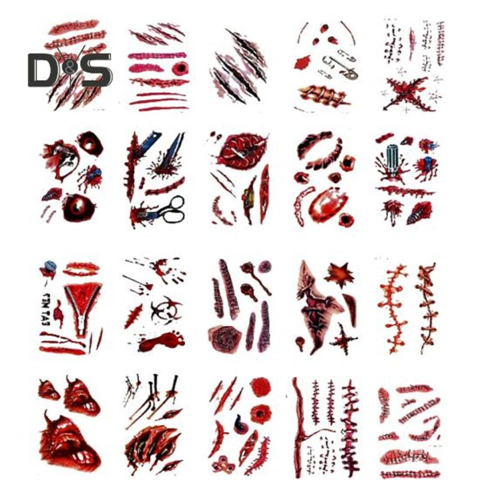 20pcs Tattoo Stickers Realistic Fake Blood Scars Cuts Injuries Halloween Zombie Makeup Tattoo Sticker Waterproof Temporary Scar Wound Prank Props