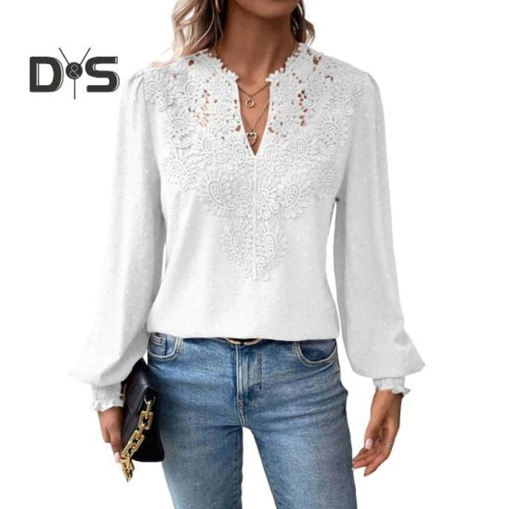 (XL, white) Women Short V-neck Half Open Collar Lace Stitching Long-sleeved Shirt Solid Color Loose Fit Pullover Tops Daily Wear