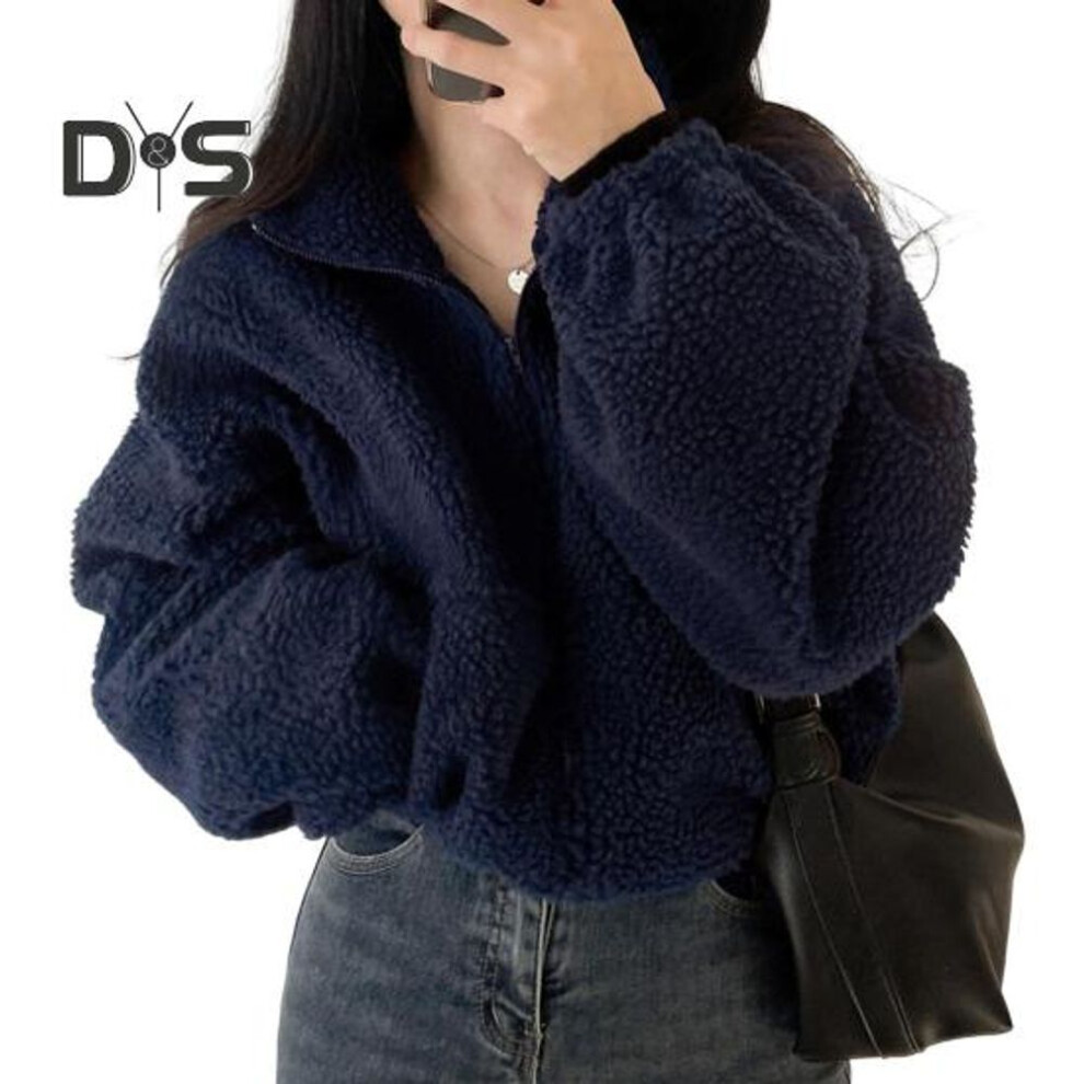 (navy blue, M) Women Winter Coat Thick Fleece Stand Collar Neck Protection Zip-up Short Type Cardigan Long Sleeves Cold-proof Outerwear School Outdoor Jacket