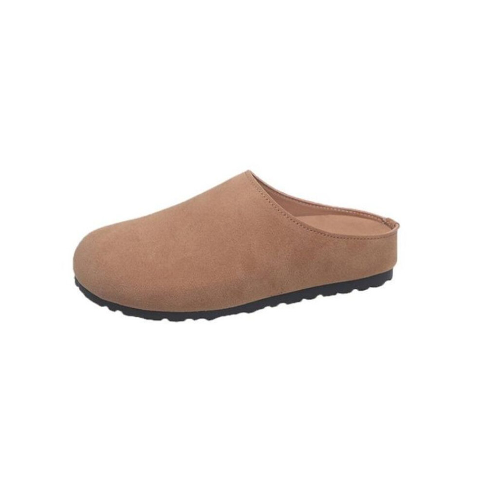 (dark khaki, 38) New Women's Slippers Closed Toe Round Toe Suede Clogs Sandals Autumn New Retro Solid Color Flat Bottom Women's Slingback Shoes