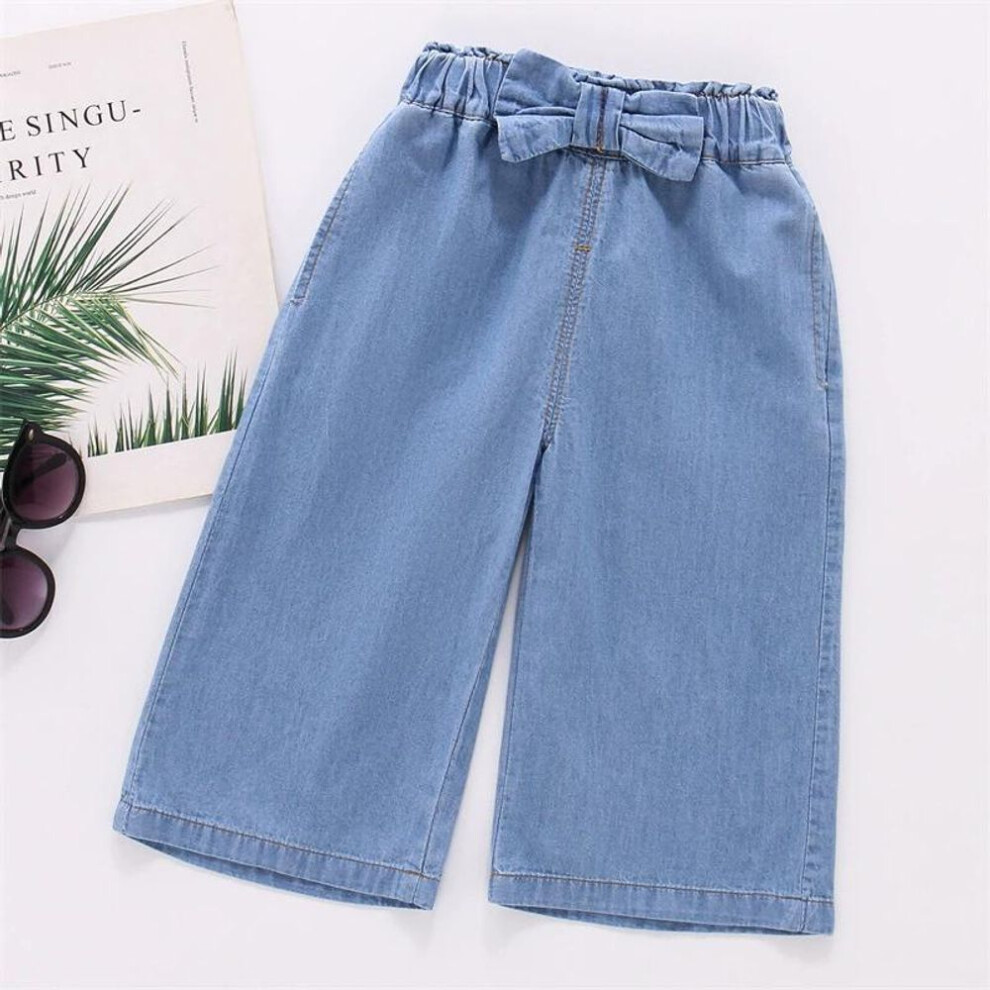 (light blue, 100) Girls Summer Thin Section Wide-legged Jeans for Small and Medium-sized Children Solid Color Design Bow Loose Nine-minute Pants