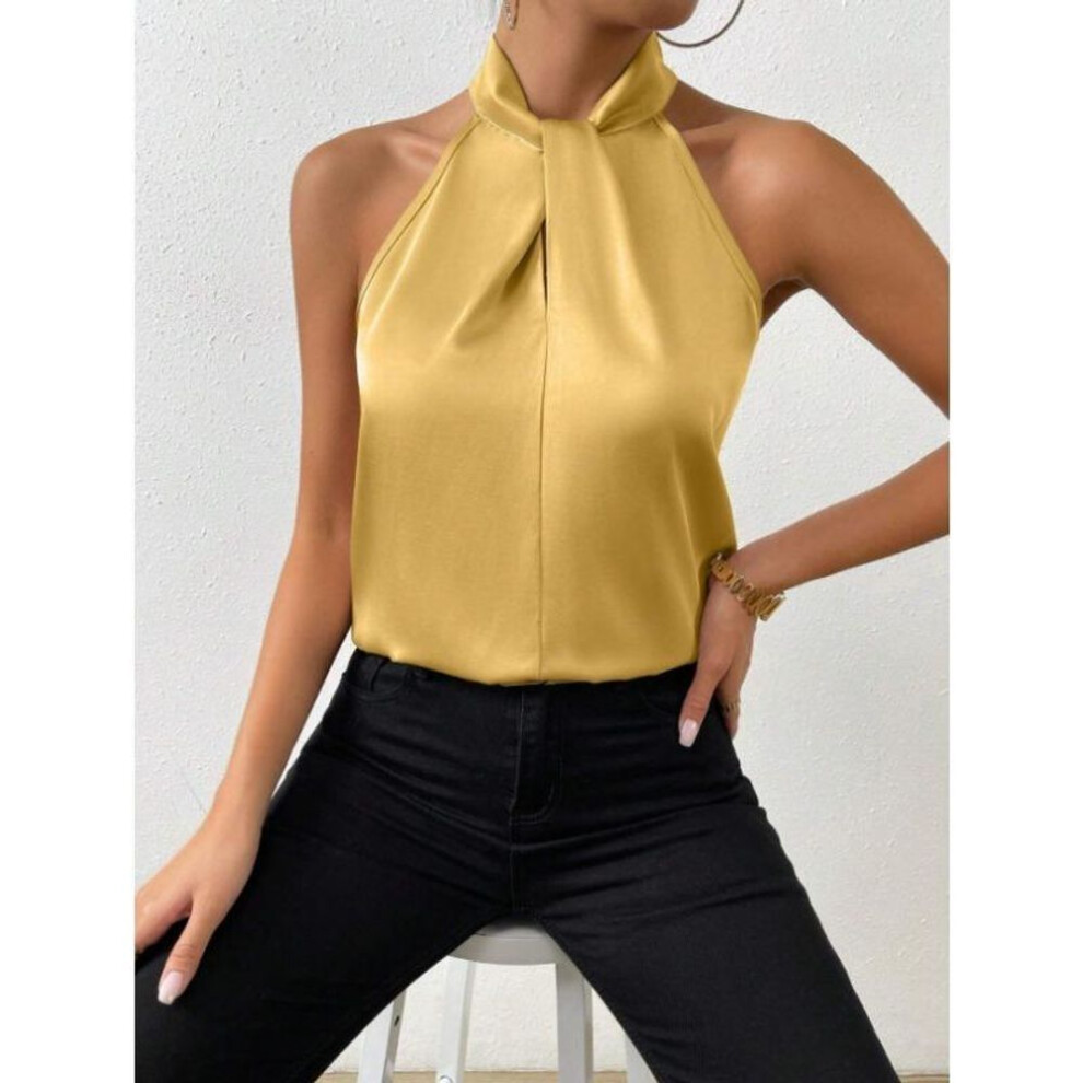 (XL, khaki) Women's Summer Fashion New Halter Sleeveless Vest Top