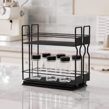 2-Tier Slide-Out Spice Rack – Double-Row Metal Cabinet Organizer with Ball-Bearing Slides (Black)