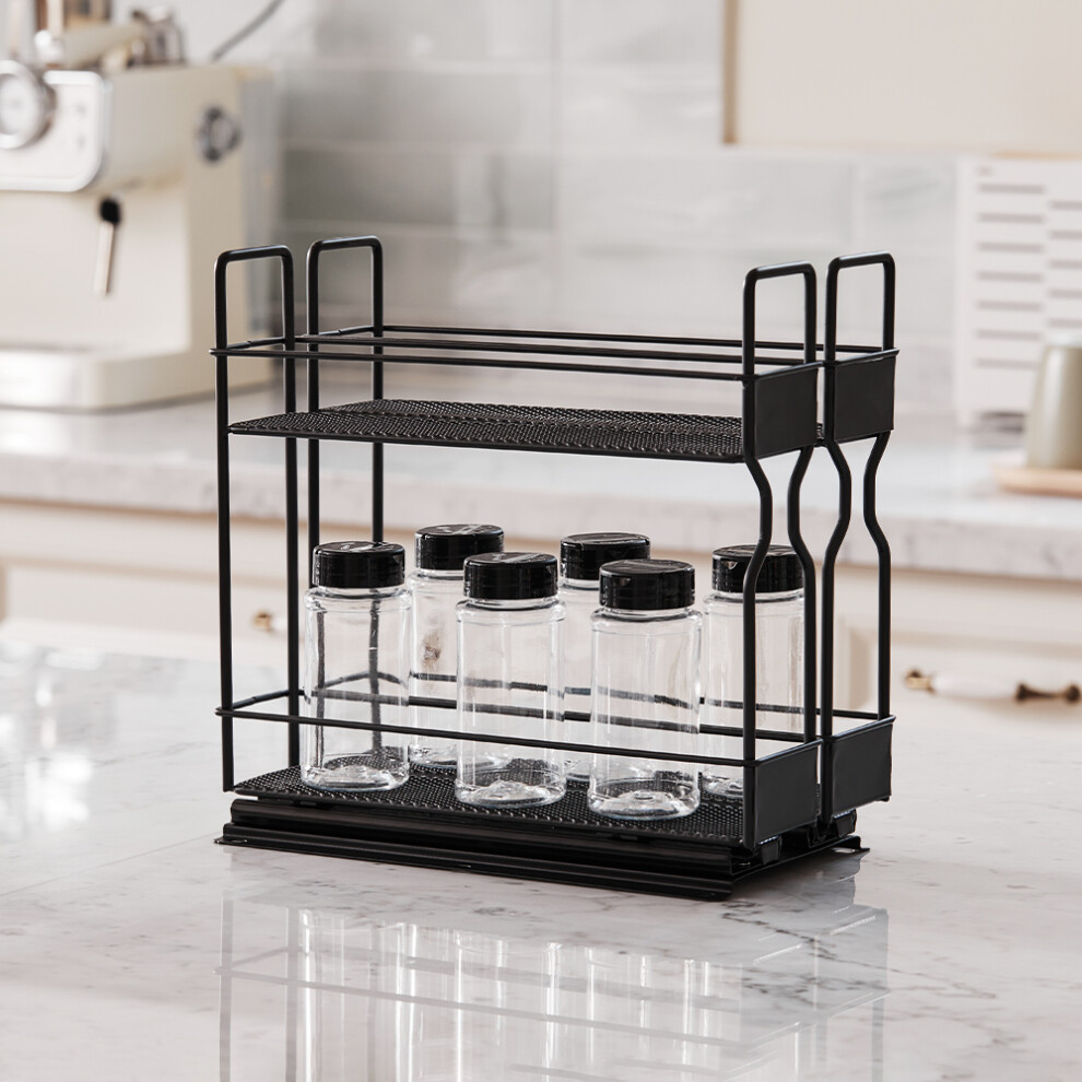 2-Tier&2-Row Metal Spice Rack Slide-Out Kitchen Storage Holder Shelf Cabinet Organizer