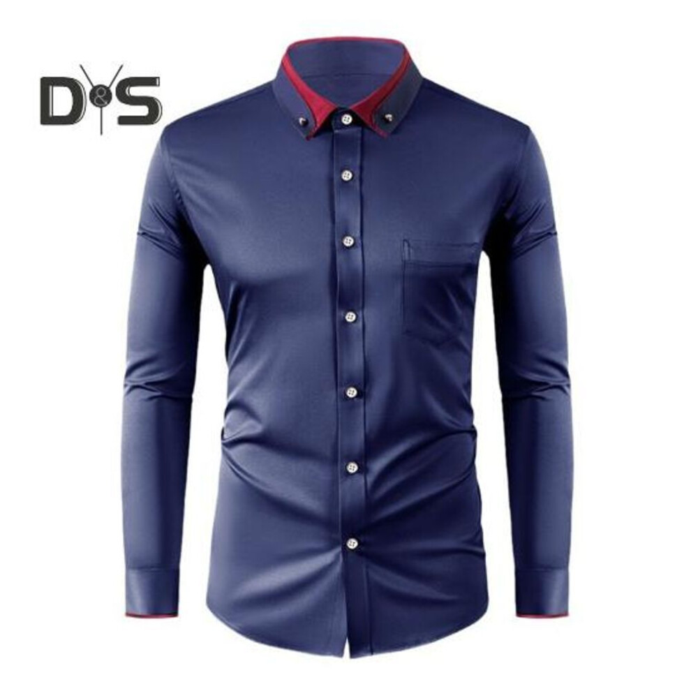 (XXL, navy blue) Men Dress Shirt Rhinestone Collar Stretch Long Sleeve Wrinkle-Free Formal Shirt Solid Slim Fit Wedding Dating Prom Business Button Down Shirt