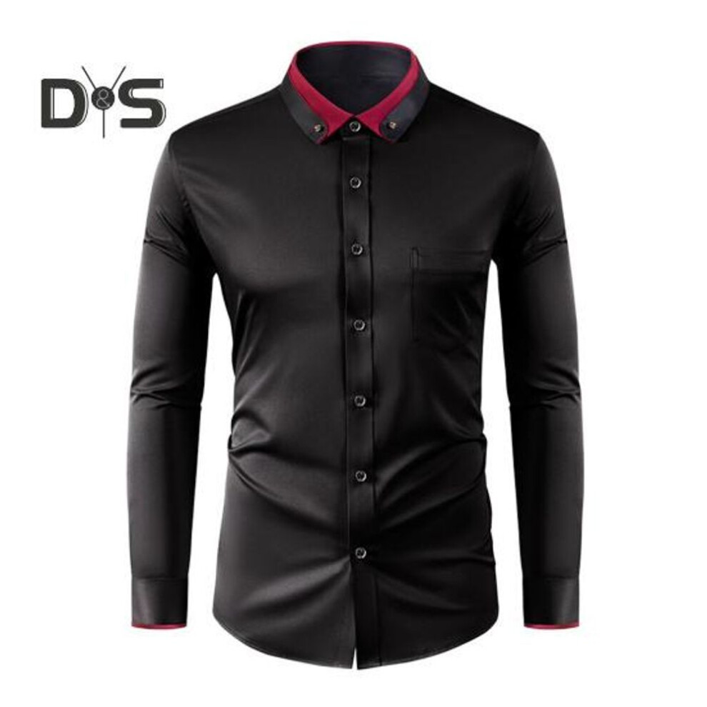 (L, black) Men Dress Shirt Rhinestone Collar Stretch Long Sleeve Wrinkle-Free Formal Shirt Solid Slim Fit Wedding Dating Prom Business Button Down Shirt