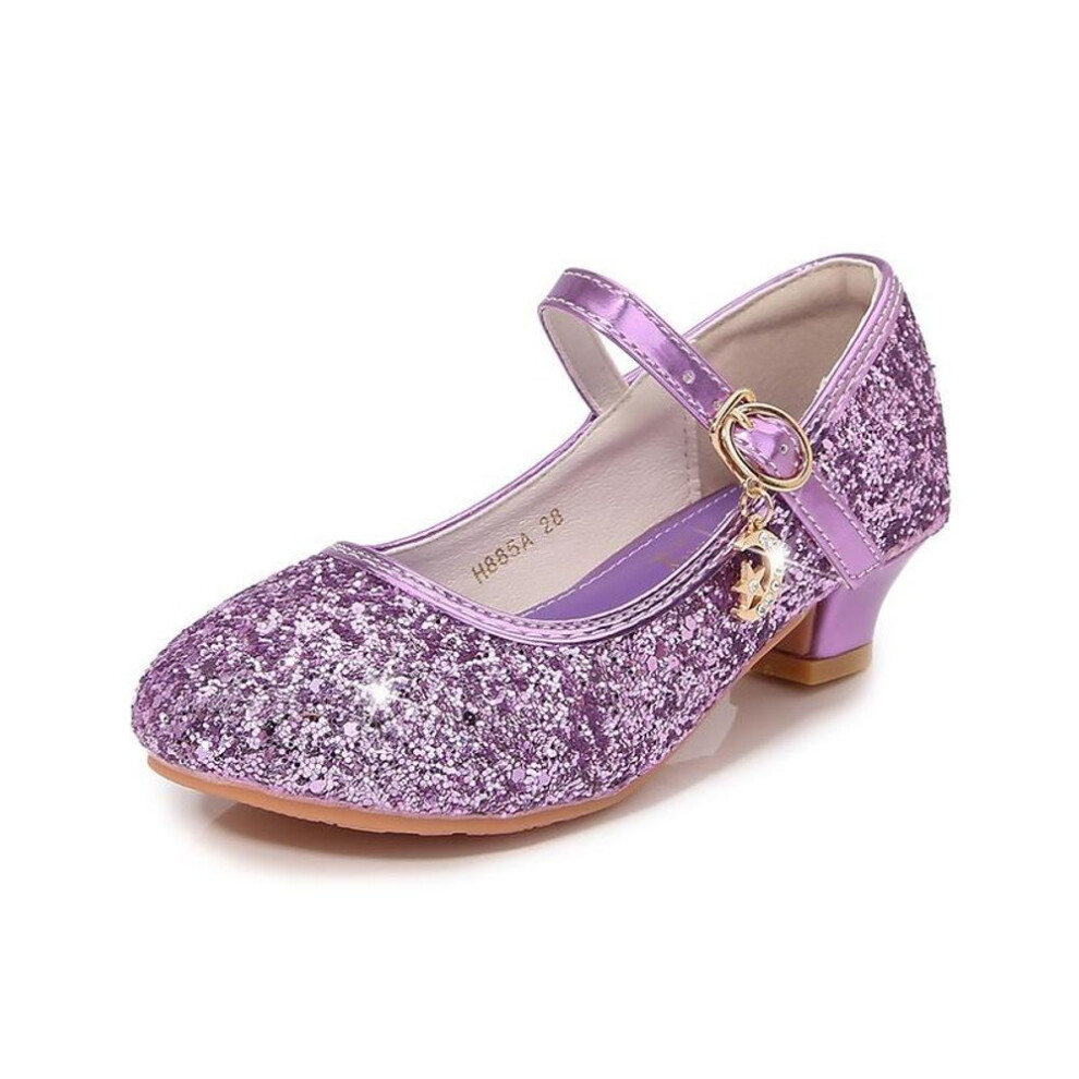 (purple, 30) Children Princess Shoes Student Dance Girls High Heel Sandals Purple Kids Leather Glitter Crystal Shoes