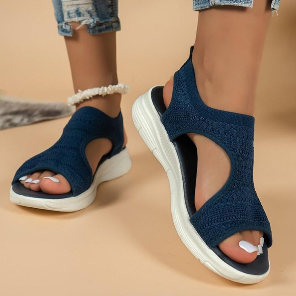 (dark blue, 36) Women Summer Peep Toe Shoes Beach Flat Shoes Casual Sandals