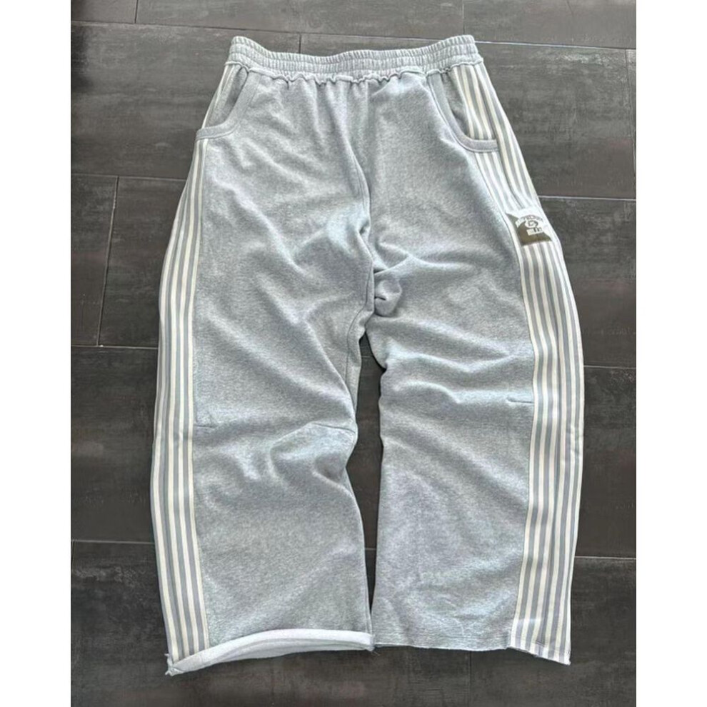 (gray, S) Unisex Heavy Cotton Wide-leg Sweatpants With Side Stripes