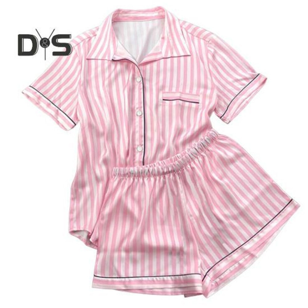 (L, as the picture) 2 Pcs/Set Women Shirt Shorts Suit Lapel Short Sleeves Satin Striped Contrast Color Top Elastic Waist Short Trousers Homewear Loungewear Outfit Summer