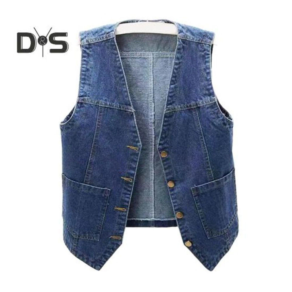 (dark blue, XL) Women Denim Vest With Pockets Sleeveless Buton-down Loose Solid Color Cardigan V Neck Urban Style Waistcoat For Outdoor Travel Commuting