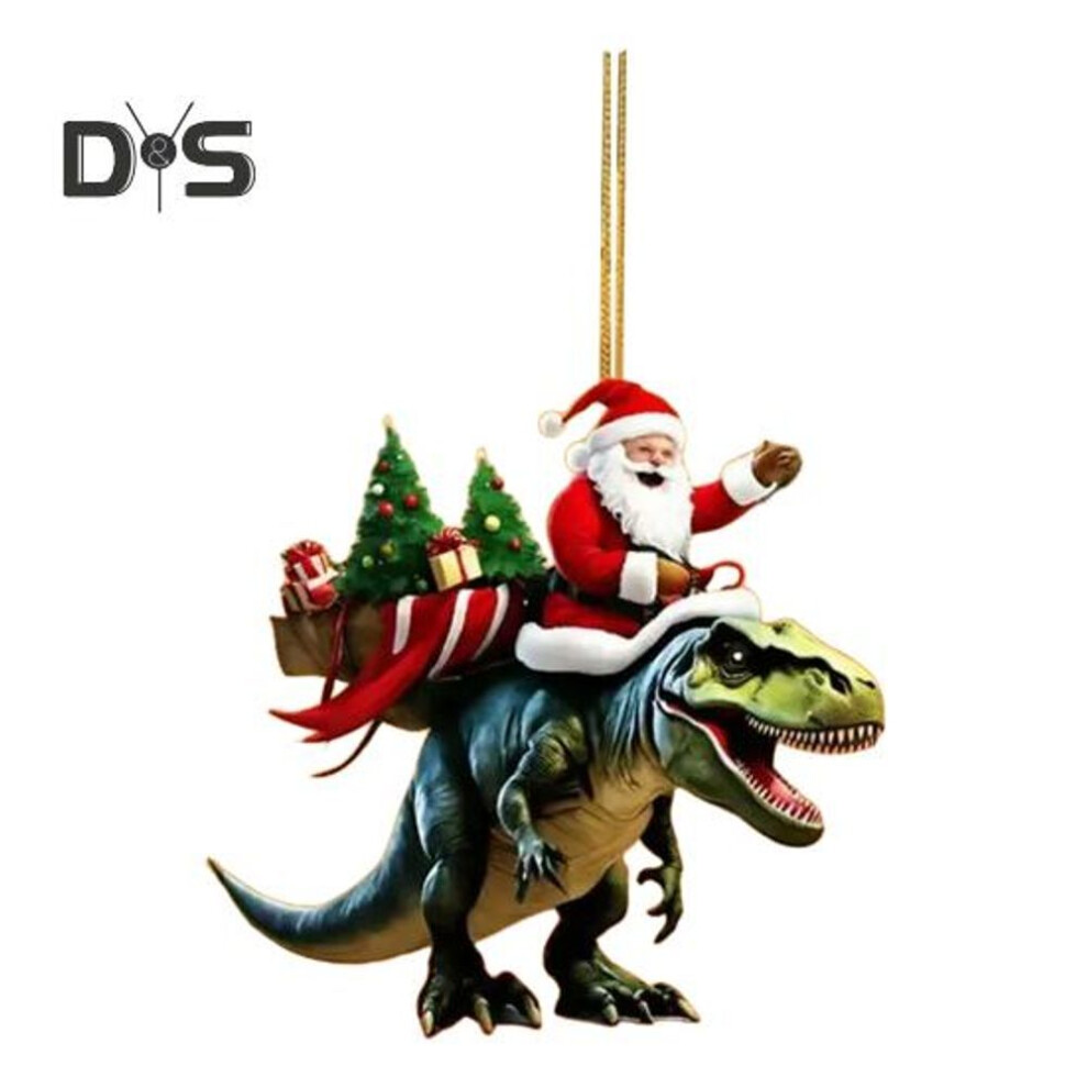Christmas Pendant Santa Claus on Dinosaur Ornament 2D Flat Acrylic Hanging Decoration for Christmas Tree Mantel Decor