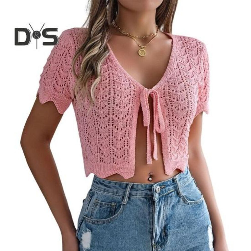 (L, pink) Women Crochet Tops Short Sleeve Lace-up Hollow Design Knitting Tops Sun Protection Summer Vacation Tops