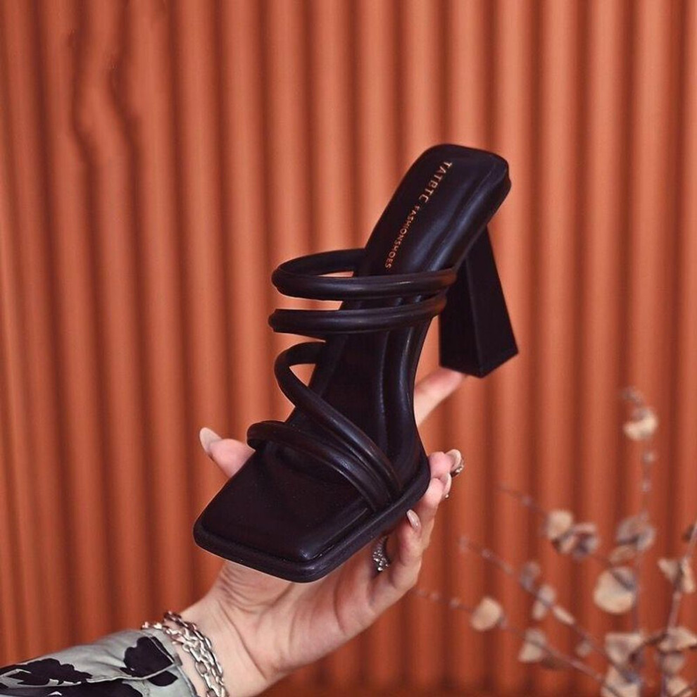 (black, 35) Z2024 Summer Korean-Style Square-Toe Strap High Heel Sandals for Women