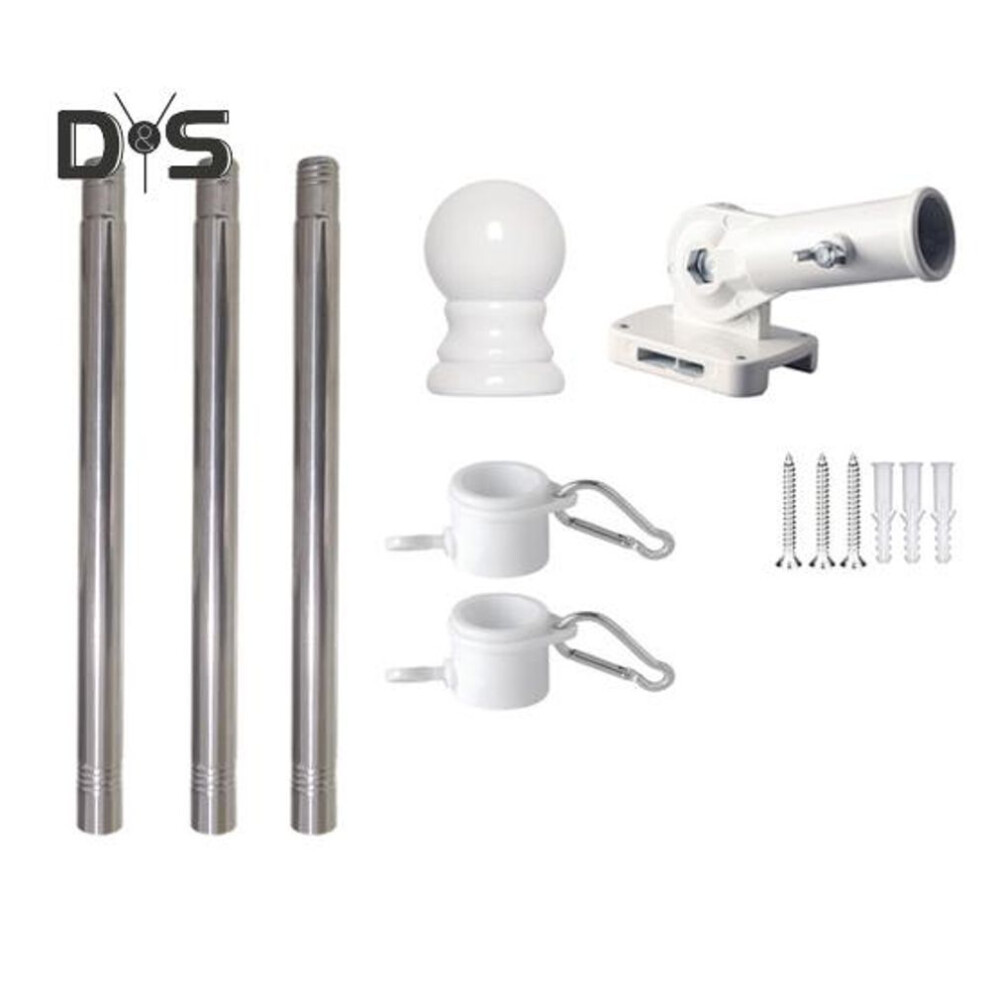 (silver, Short) 1 Set Wall Mount Flagpole 3/4 Sections 360 Degrees Rotating Tangle-Free Ring Clip Weather-resistant Metal Outdoor Porch Truck House Estate Flag Pole