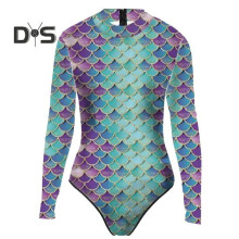 (M, green,purple) Women Monokini Long Sleeve 3D Fish Scale Print Back Zipper Elastic Fabric One-piece Bikini Carnival Costume