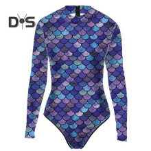 (2XL, purple) Women Monokini Long Sleeve 3D Fish Scale Print Back Zipper Elastic Fabric One-piece Bikini Carnival Costume