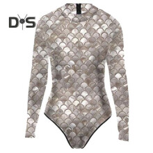 (M, champagne) Women Monokini Long Sleeve 3D Fish Scale Print Back Zipper Elastic Fabric One-piece Bikini Carnival Costume