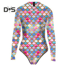(3XL, pink,blue) Women Monokini Long Sleeve 3D Fish Scale Print Back Zipper Elastic Fabric One-piece Bikini Carnival Costume