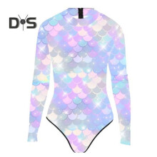 (XL, light pink) Women Monokini Long Sleeve 3D Fish Scale Print Back Zipper Elastic Fabric One-piece Bikini Carnival Costume