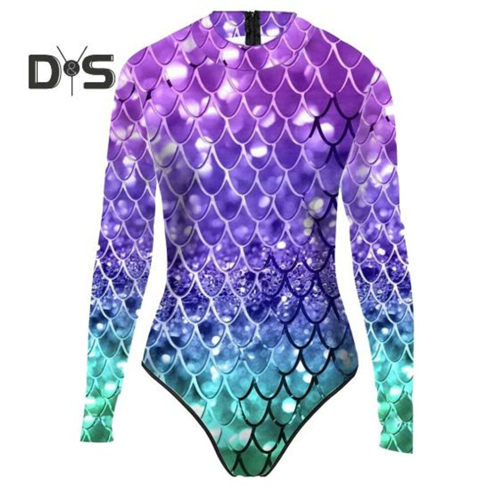 (L, purple,green) Women Monokini Long Sleeve 3D Fish Scale Print Back Zipper Elastic Fabric One-piece Bikini Carnival Costume
