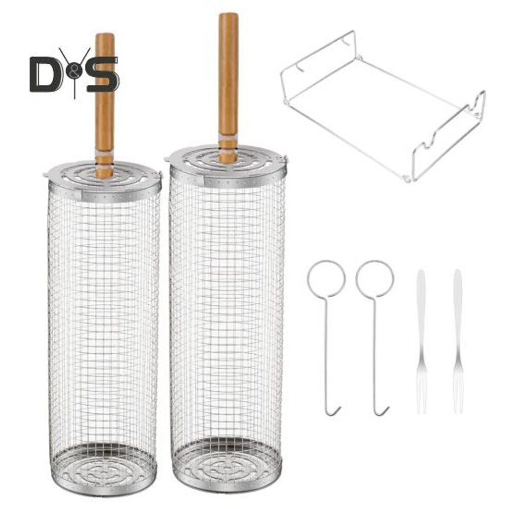 Stainless Steel Grill Baskets Set With Wooden Handle Rolling Bbq Cage For Fish Shrimp Meat Vegetables Fries Grilling Accessories Gifts