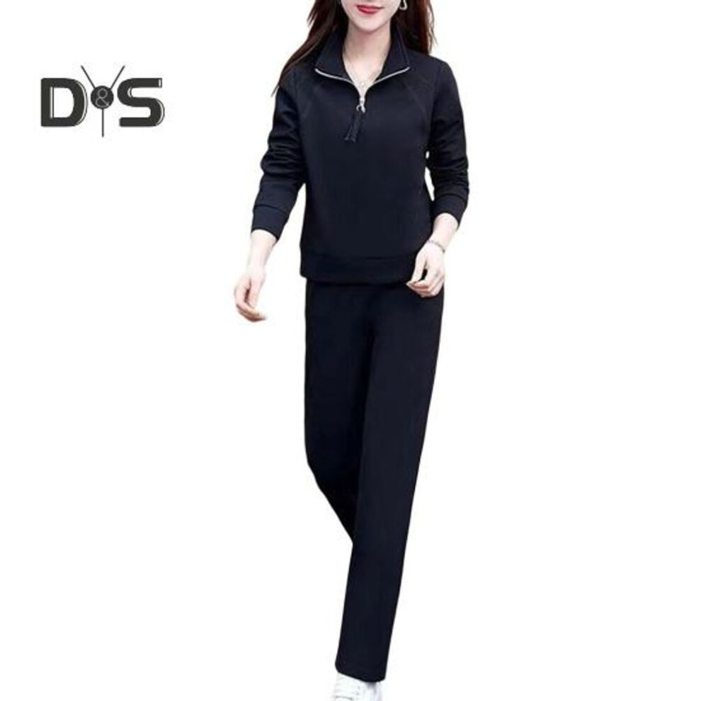 (black, XL) 2 Pcs/set Women Sweatshirt Pants Suit Zippered Stand Collar Long Sleeves Sport Sweatshirt Elastic Waist Trousers Fitness Outfit Fall Spring Tracksuit