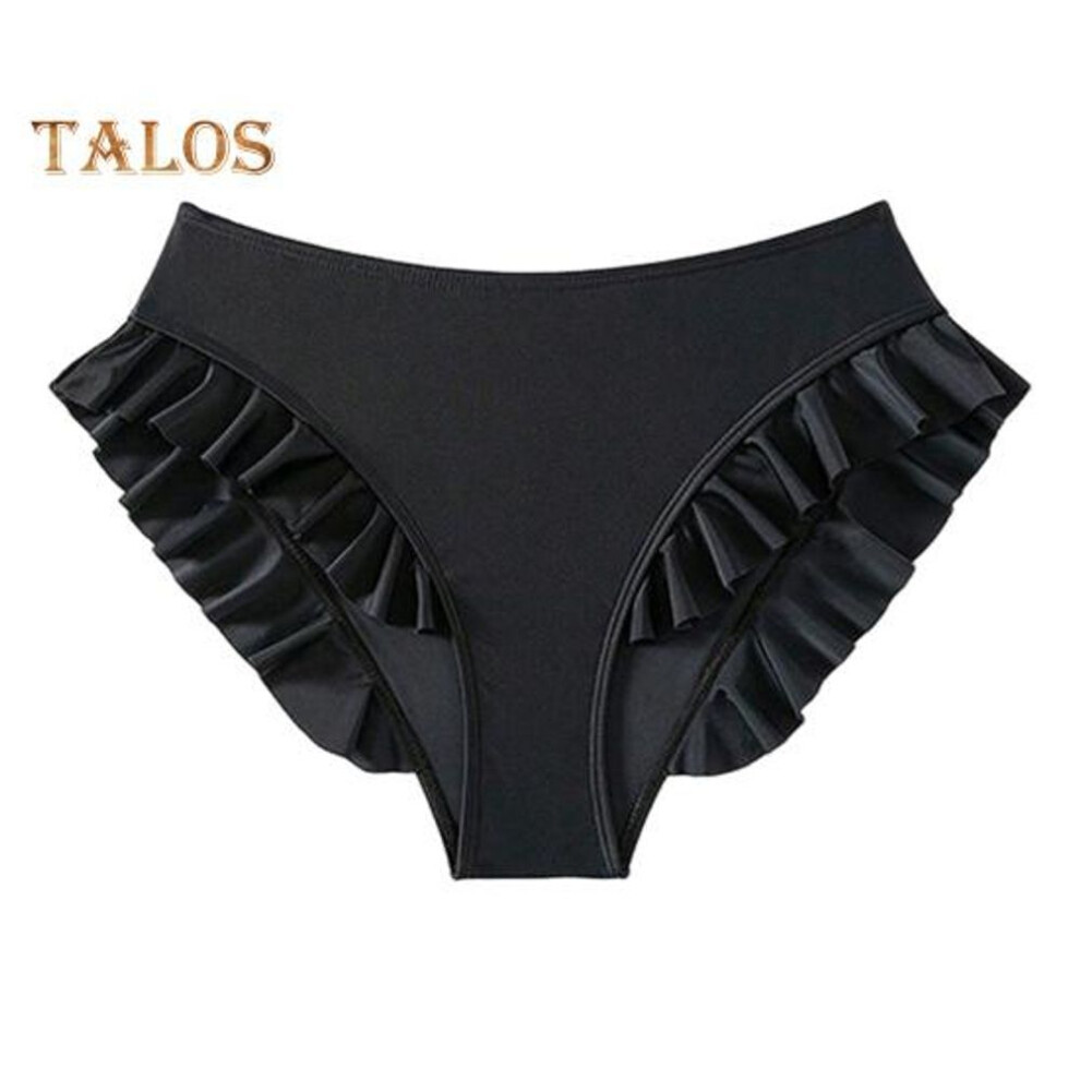 (L, black) Women Swimming Trunks High-waisted Ruffle Trim Bikini Bottoms With Tummy Control Quick-drying Swimwear Beachwear