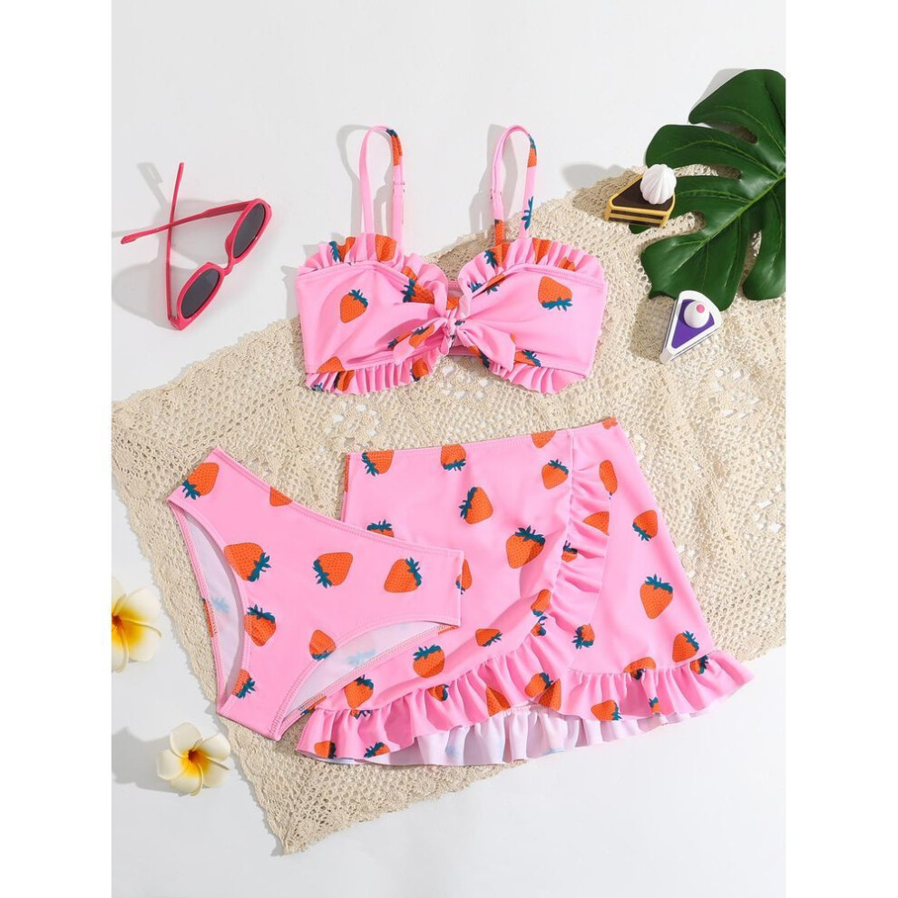 (pink, 110) Girls' Fashion 3 Pieces  Swimwear Set Printed Top  And Skirt Swimsuit Children's Cute Summer Beach Bathing Suit