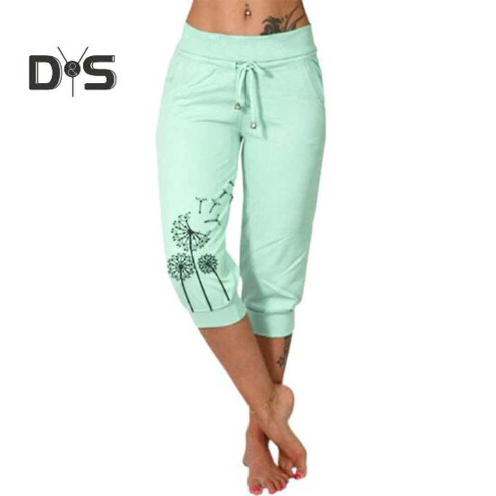(light green, M) Women Cropped Pants Drawstring Waist Summer Harem Pants Dandelion Print Casual Sporty Trousers With Pocket For Women