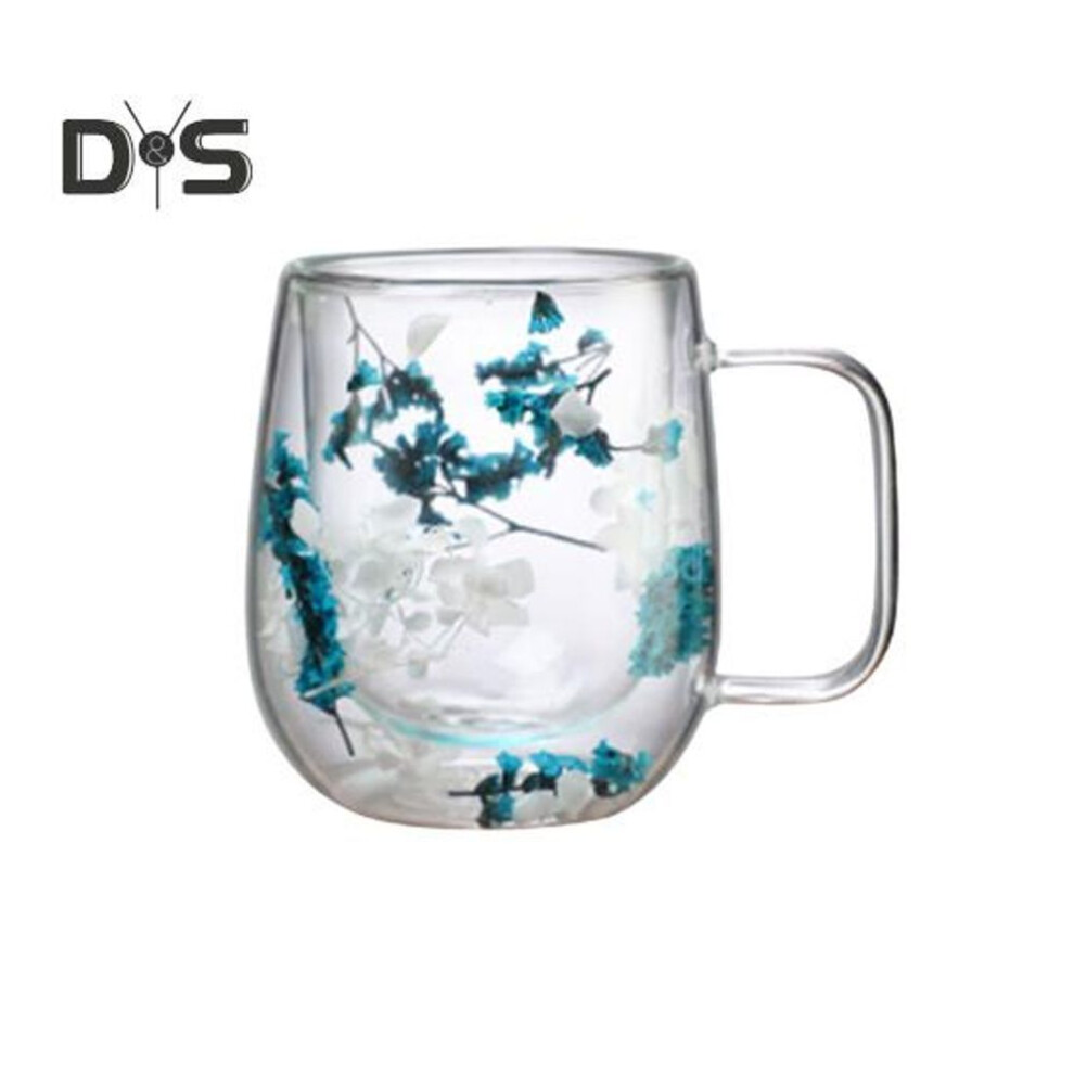 (blue, 250ml) 250ml Double Walled Glass Mug Clear Floral Wide Mouth Cup With Handle Insulated Coffee Tumbler For Coffee Tea Chocolates