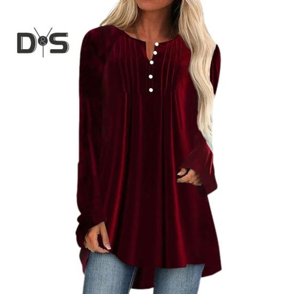 (L, wine red) Women Velvet Shirt V-Neck Buttons Half Placket Long Sleeve Asymmetric Hem Pullover Tops Solid Color Mid-length Blouse