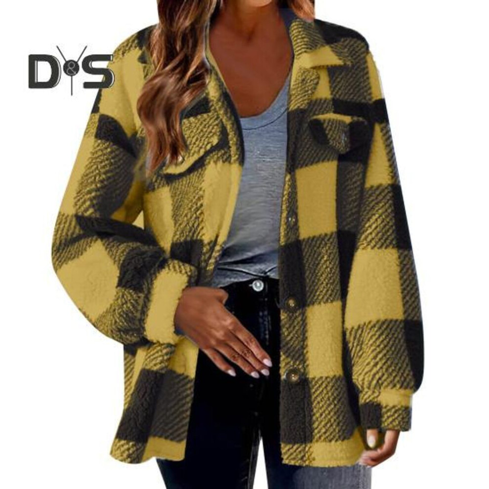 (M, yellow) Fall Spring Lady Coat Plaid Print Cardigan Button-down Thick Fleece Long Sleeves Fake Chest Pockets Turn-down Collar Cardigan Daily Wear Commuting
