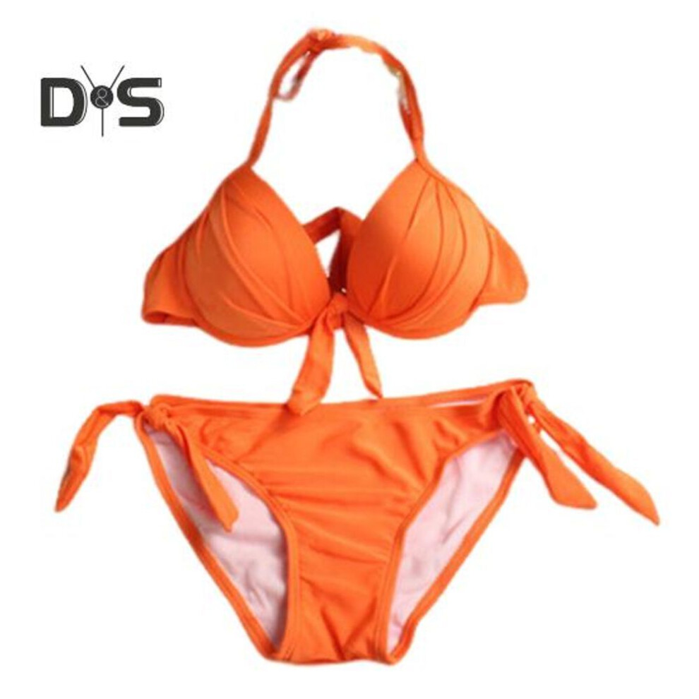 (M, dark orange) 2Pcs/Set Sexy Bikini Set Halter Push-Up Solid Color Bra High Waist Swimming Briefs Set Bowknot Decoration Beachwear