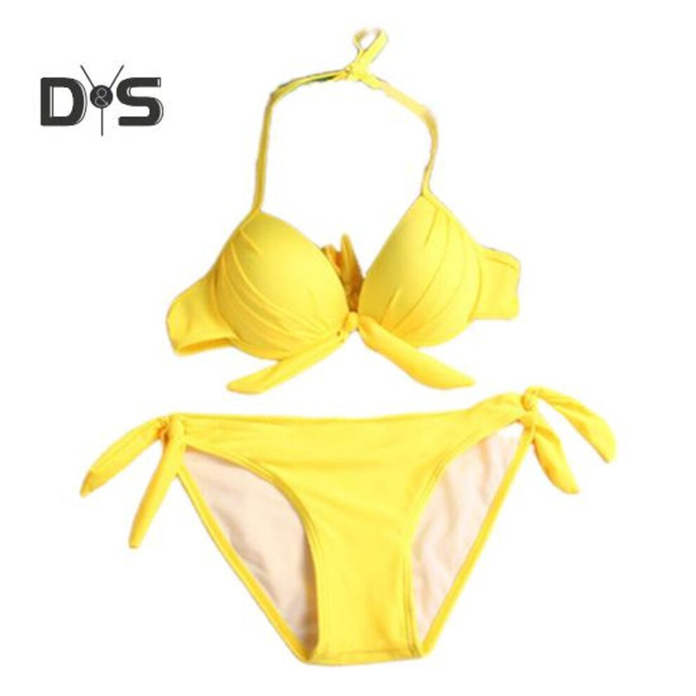 (L, yellow) 2pcs/set Sexy Bikini Set Halter Push-up Solid Color Bra High Waist Swimming Briefs Set Bowknot Decoration Beachwear