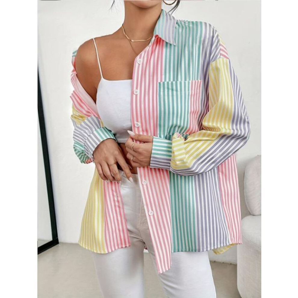 (XL, multicolor) Women's Autumn Long Sleeve V-neck Striped Top