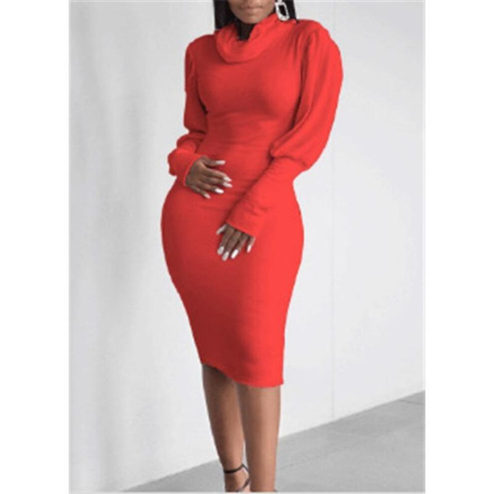 (red, XS) Women's Dress Autumn New Sexy High Neck Long-sleeved Dress Slim Package Hip Dresses