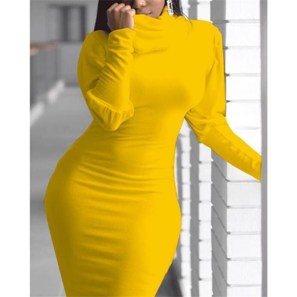 (yellow, L) Women's Dress Autumn New Sexy High Neck Long-sleeved Dress Slim Package Hip Dresses