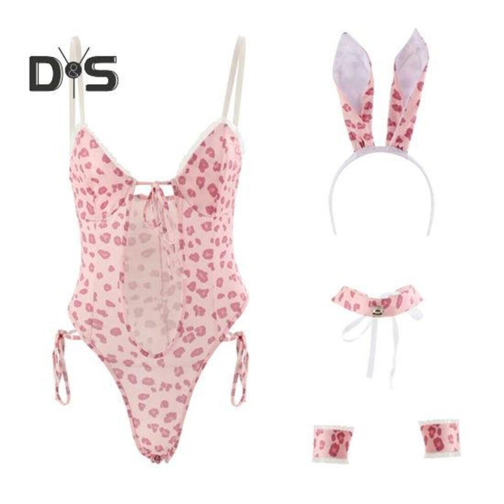 1 Set Role Playing Set Leopard Erotic Rabbit Girl Conjoined High Elasticity Bodysuit Neck Ring Headgear Bracelet Suit