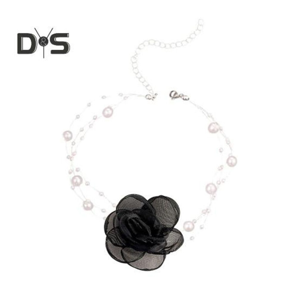 (black) Women Wedding Collar Sheer Mesh Faux Pearl Decor Camellia Shape Adjustable 3 Layer Party Bride Bridesmaid Choker Neck Jewelry