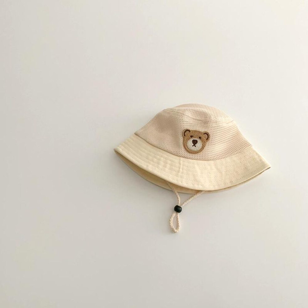 (beige) Cute Cartoon Bear Baby Bucket Hat Summer Mesh Breathable Fisherman Cap for Kids Boys Girls Wide-brim Adjustable Panama Sun Hats
