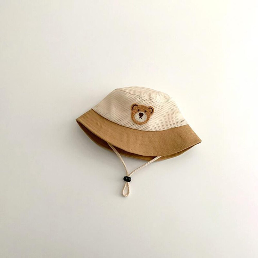 (khaki) Cute Cartoon Bear Baby Bucket Hat Summer Mesh Breathable Fisherman Cap for Kids Boys Girls Wide-brim Adjustable Panama Sun Hats