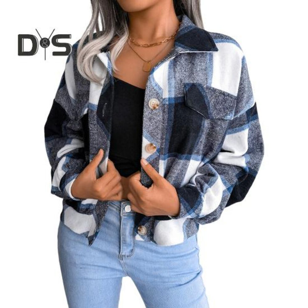 (navy blue, L) Fall Spring Women Jacket Contrast Color Plaid Print Turn-down Collar Single-breasted Fake Pocket Long Sleeves Loose Commuting Dating Coat