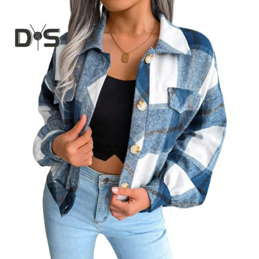 (royal blue, XL) Fall Spring Women Jacket Contrast Color Plaid Print Turn-down Collar Single-breasted Fake Pocket Long Sleeves Loose Commuting Dating Coat