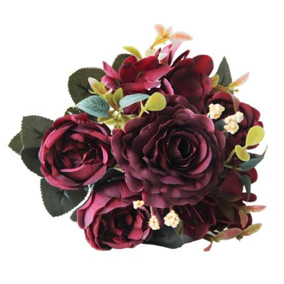 (wine red) Vintage Artificial Peonies Faux Silk Flowers Bunch Hydrangea Rose Peony Floral Centerpiece